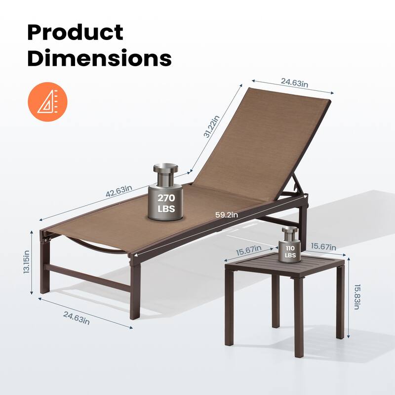 Pellebant Outdoor 3-piece Aluminum Adjustable Back Chaise Lounge with Side Table Set
