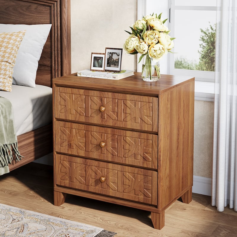 Nightstand Bedside Table with 3 Drawers and Elegant Patterns
