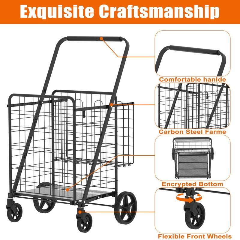 Double Basket Folding Grocery Cart ,Heavy Duty 360° Wheels