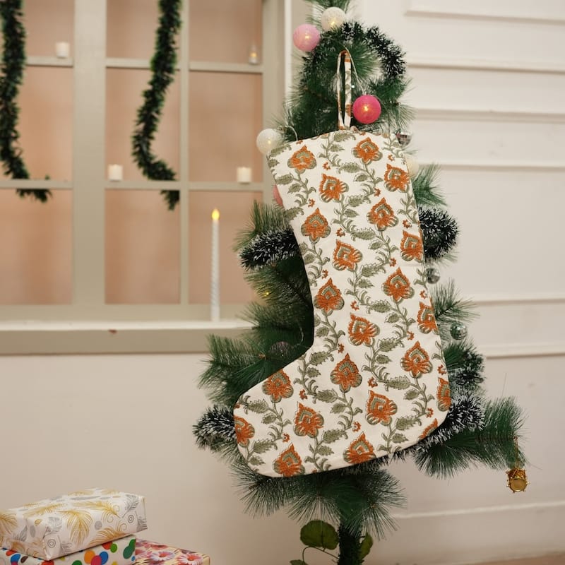 Fabdivine Hand Block Floral Print Christmas Knit Stockings, Home Decorative Gift Use - 16"X6.5"