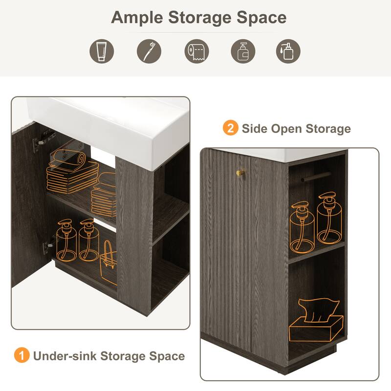 22" Bathroom Vanity with Ceramic Sink - Freestanding Modern Wood Grain Cabinet, Open & Closed Storage for Small Bathrooms