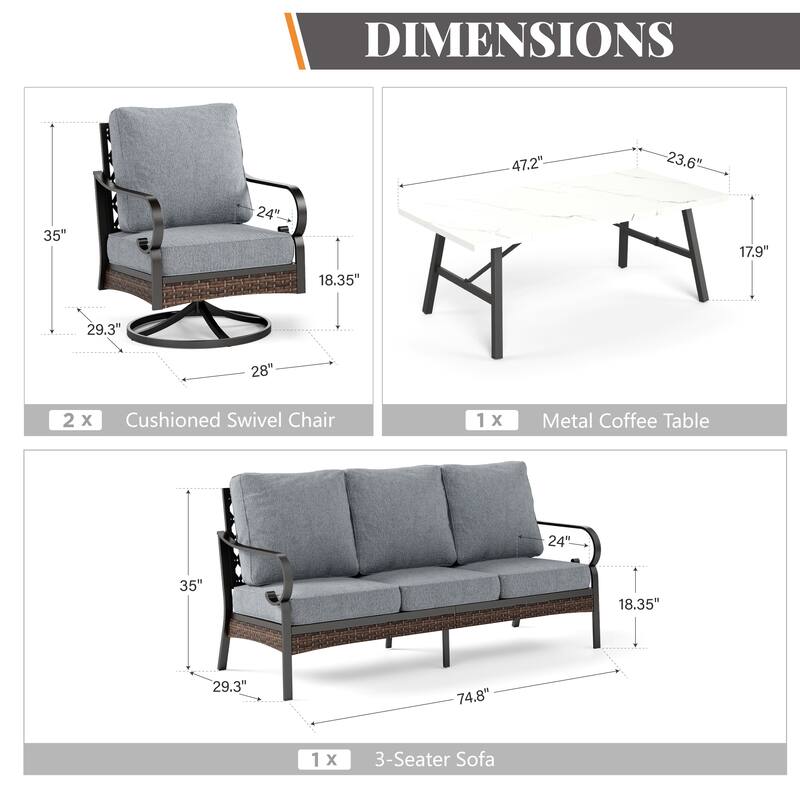 MAISON ARTS 5-Seat Outdoor Patio Furniture Sets, 2 x Cushioned Chairs, 1 x 3-Seat Sofa with Marbling Coffee Table