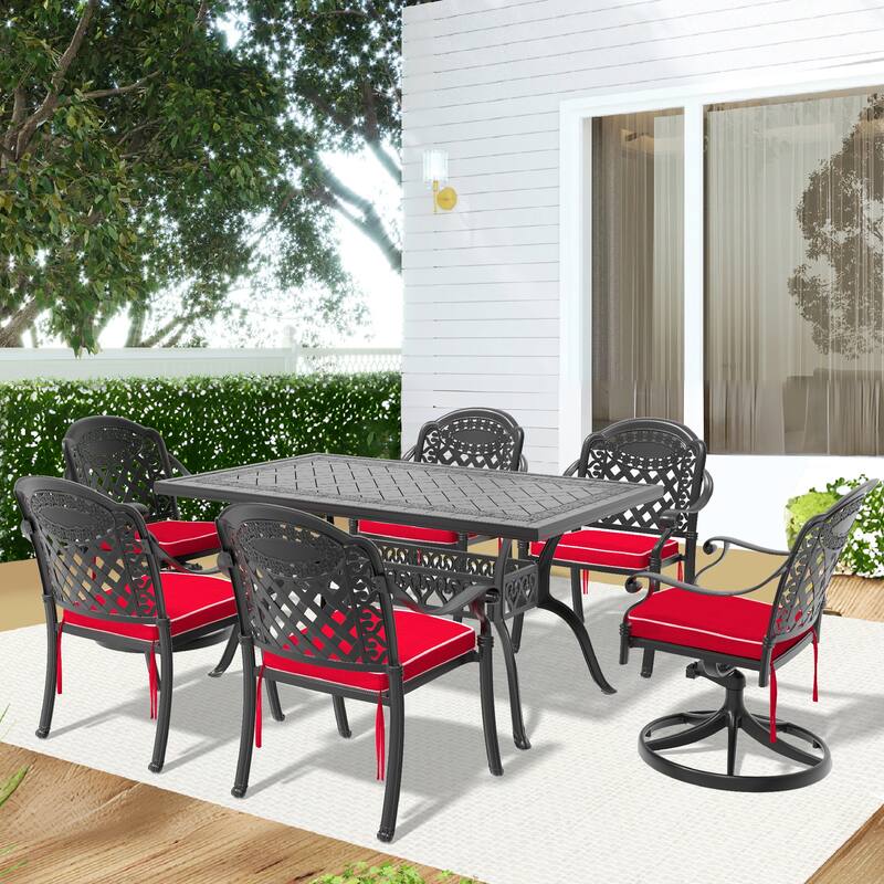 7-Piece Outdoor Patio Dining Set, Patio Conversation Set with 4 Dining Chairs, 2 Swivel Chairs and Rectangular Table - Black