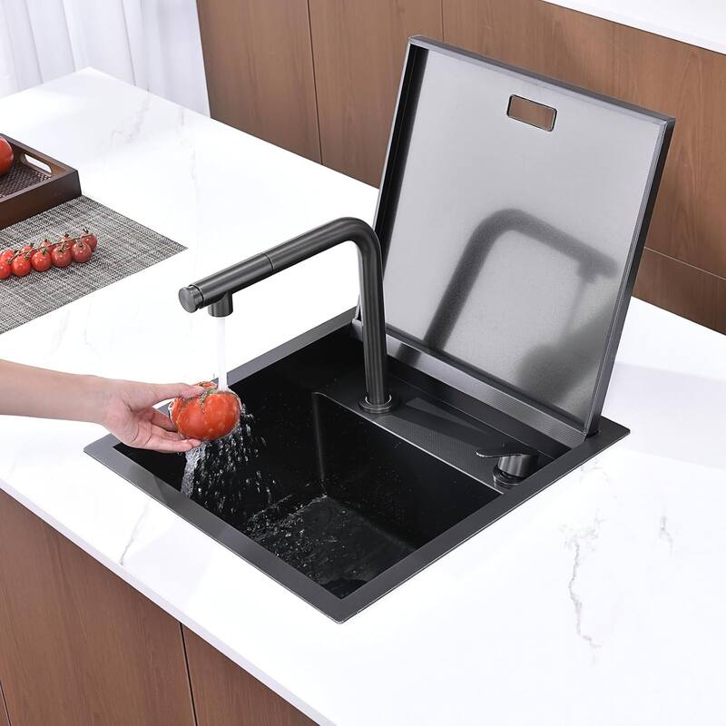 Lefton RV Kitchen Sink, 17" Stainless Steel Single Bowl Drop-in Bar Sink with Liftable Pull-out Faucet for Small Kitchen Island