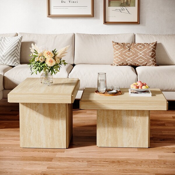 Wood Square Coffee Table Small Side Table Set of 2 Nesting Low Center Tables Beige