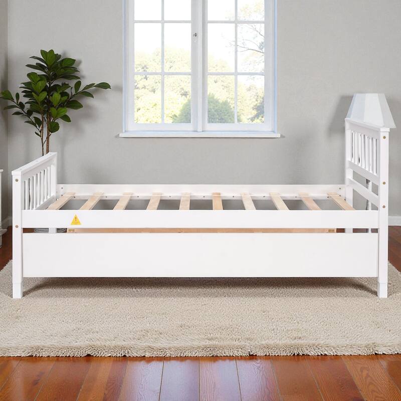 Twin Size Wooden Platform Bed with Trundle, Headboard and Footboard, Space-Saving Design for Guest or Small Bedroom