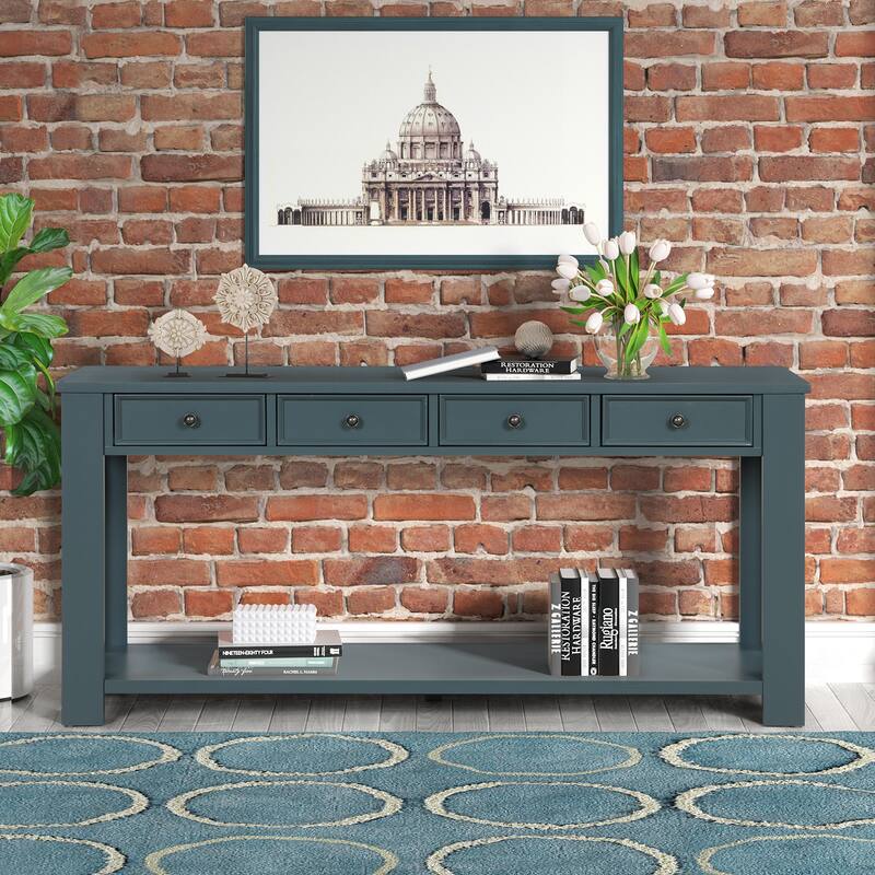 63" Pine Console Table with 4 Drawers & Open Bottom Shelf, Classic Retro Long Entryway Table Sofa Table for Living Room Entryway