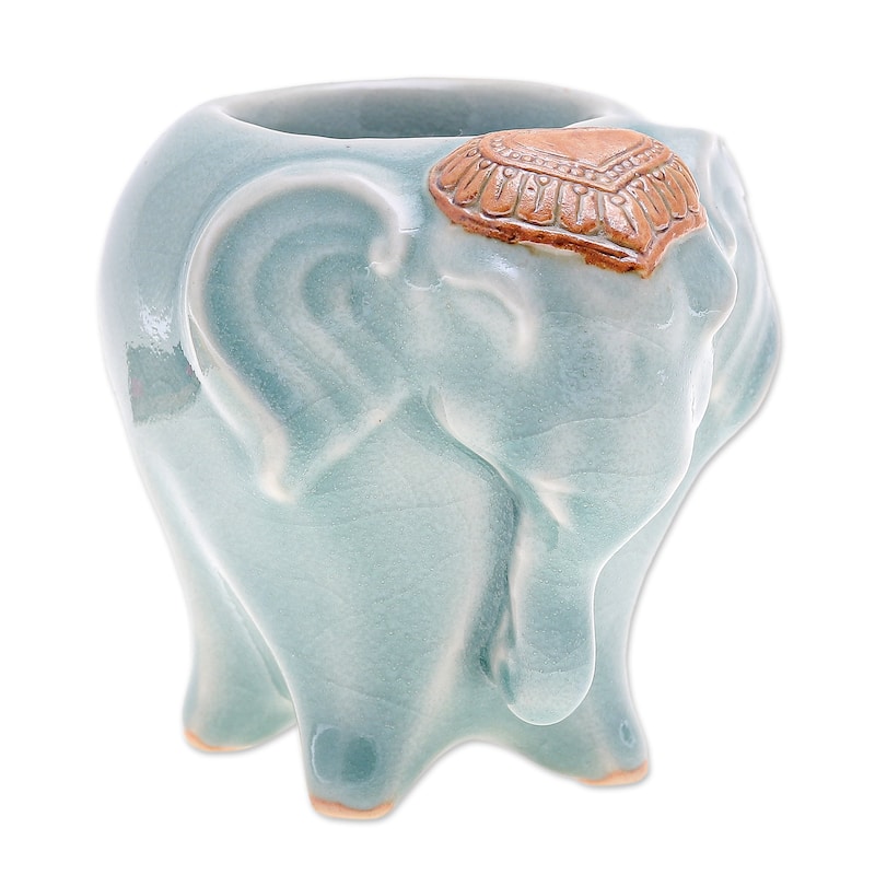 Novica Handmade Bright Elephant In Green Celadon Ceramic Tealight Holder
