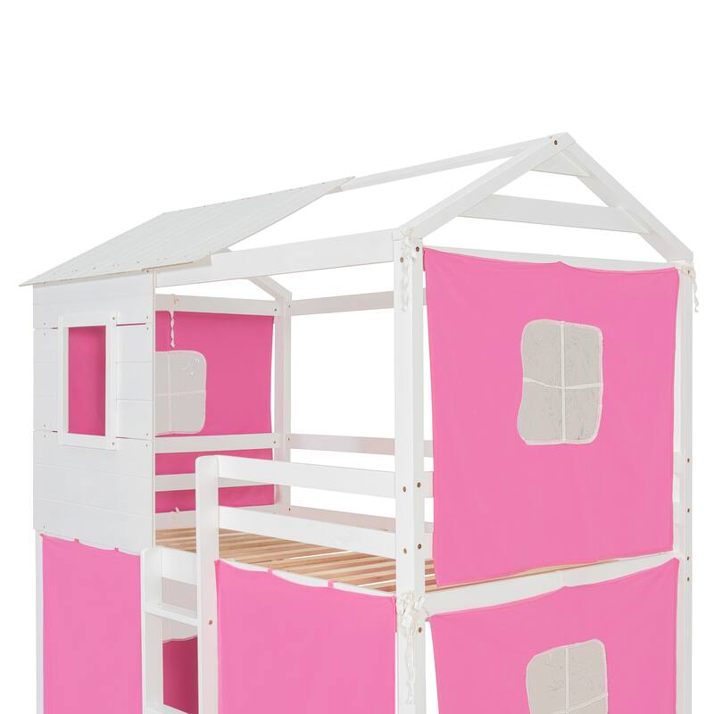 Twin Size Kids Playhouse Bunk Bed with Tent Wooden Frame and Sliding Window