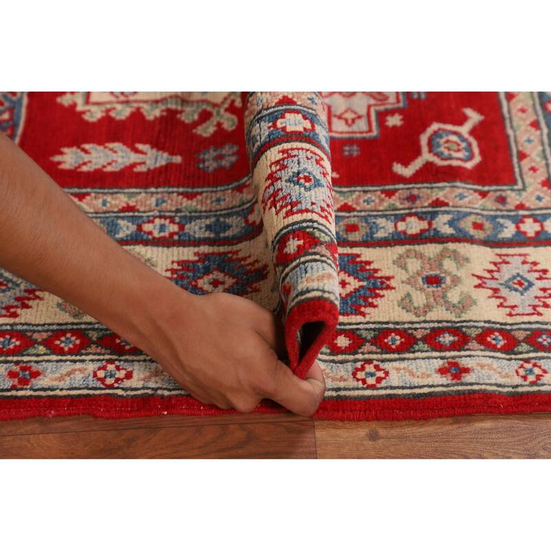 Red Geometric Kazak Accent Rug Hand-Knotted Wool Carpet - 3'4" x 4'11"