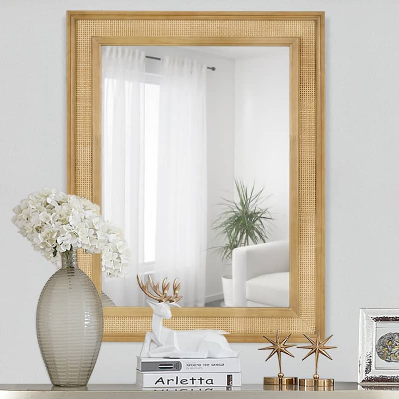 WallBeyond Wooden Framed Rattan Farmhouse Style Rectangle Wall Mirror