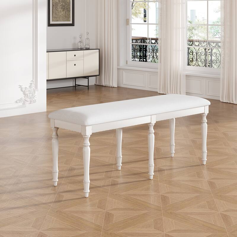Vintage Traditional 50.4inch Upholstered Dining Bench with 6 Solid Wood Legs - Cream