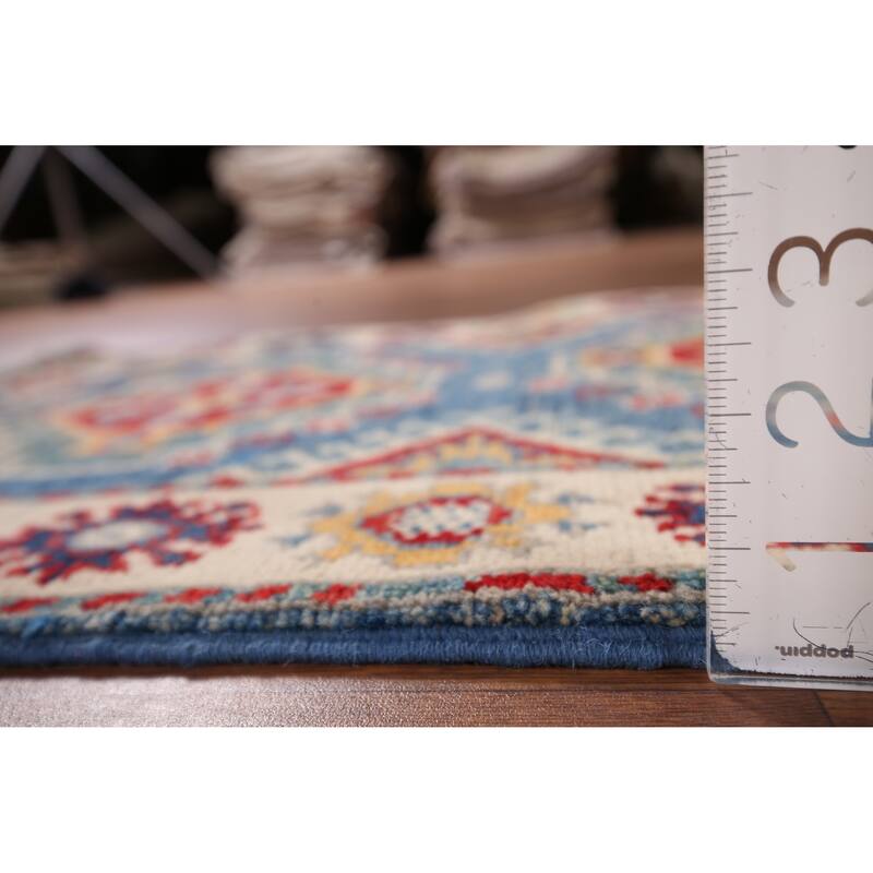 Blue Geometric Kazak Accent Rug Handmade Wool Carpet - 2'0" x 3'2"