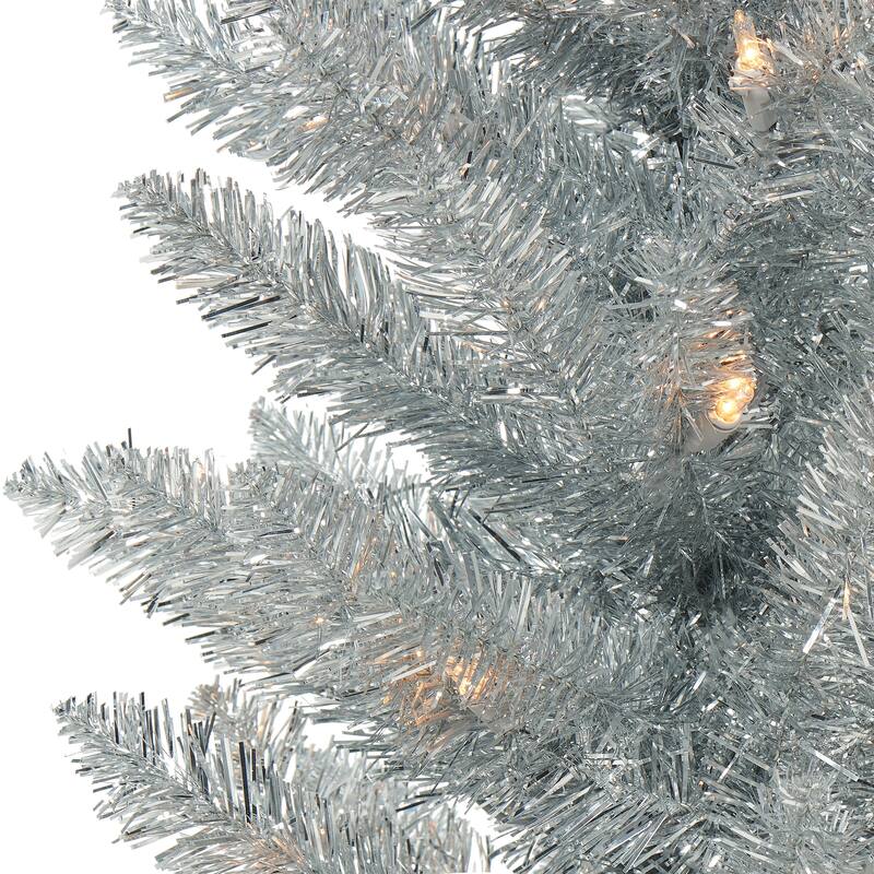 Puleo International 6 ft. Pre-lit Silver Tinsel Pencil Tree