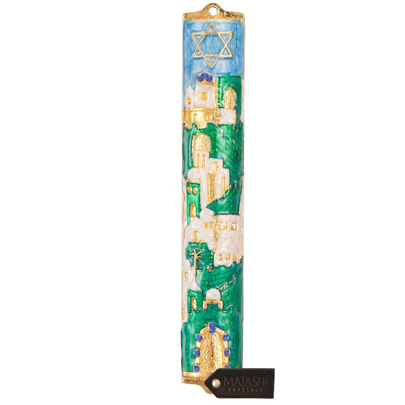 Matashi Hand Painted 5.5" Blue and Ivory Enamel Jerusalem Cityscape Mezuzah Embellished with Gold Accents and Star of David - Blue