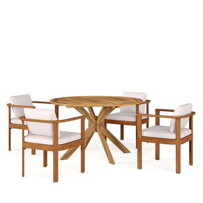 Christopher Knight Home - 5-Piece Outdoor Acacia Wood Dining Set with Curved Arm Chairs & Slat Round Table