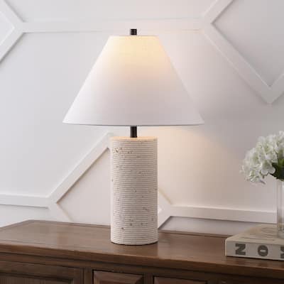 Kelsey 22.50" Modern Minimalist Travertine Column LED Table Lamp, By JONATHAN Y