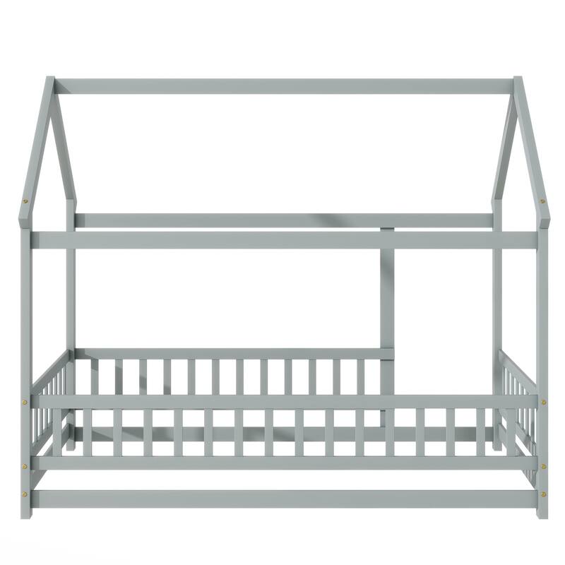 Twin Size House Floor Wooden Bed with Roof Frame,Safety Guardrails
