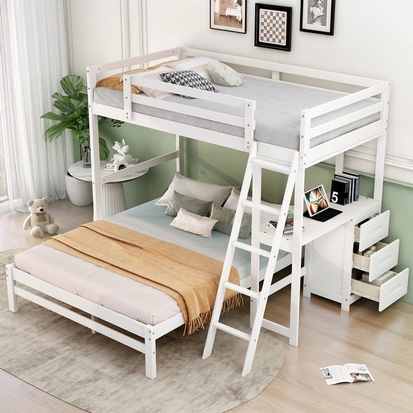 slide 2 of 14, Multifunctional Twin over Full Bunk Kids Bed with Desk,Ladder,Drawers White