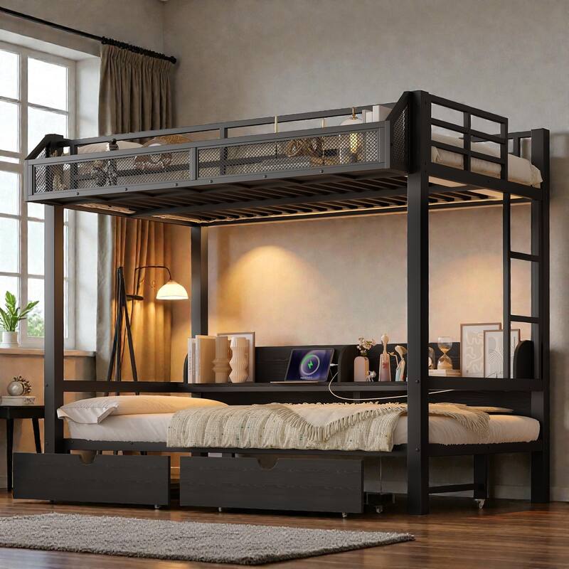 Metal Bunk Bed with Storage Shelves, Drawers, USB Ports, LED Lights & Convertible Lower Bed Sofa Design