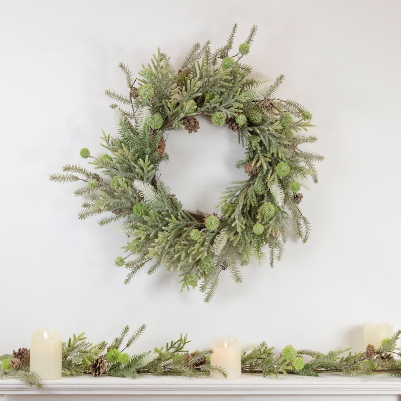 Artificial Christmas Wreath with Frosted Foliage and Pine Cones 24-Inch Unlit - 24"