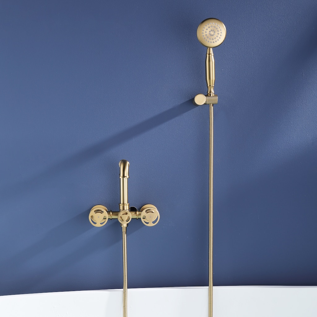 Modland Double Handle Wall-Mounted Bathtub Faucet with Handheld Shower in Black/Gold