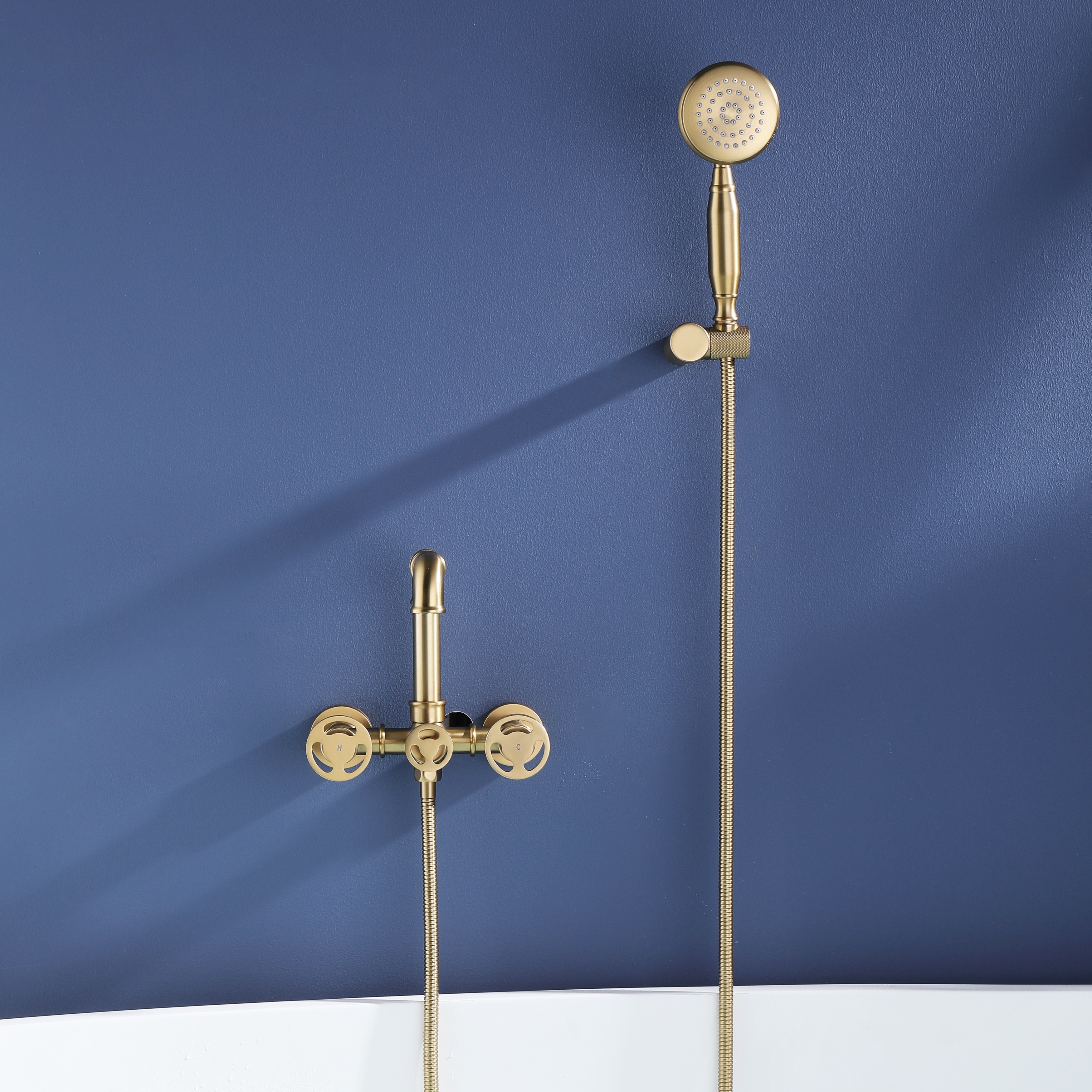 Modland Double Handle Wall-Mounted Bathtub Faucet with Handheld Shower in Black/Gold