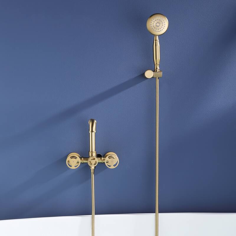 Modland Double Handle Wall-Mounted Bathtub Faucet with Handheld Shower in Black/Gold