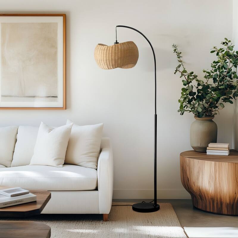Brightech Wave 81 in. Mid-Century Modern LED Super Bright Floor Lamp with Beige Bamboo Drum Shade