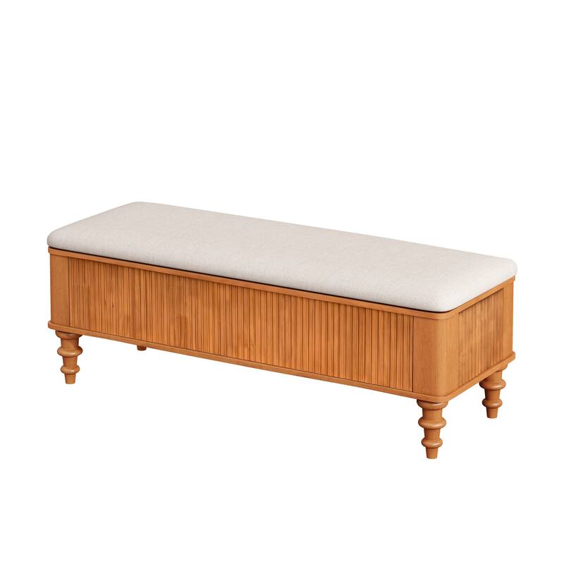 50.8" Multi-Functional Storage Ottoman Bench with Linen Seat, Solid Rubberwood Bed End Bench, Entryway Storage Bench