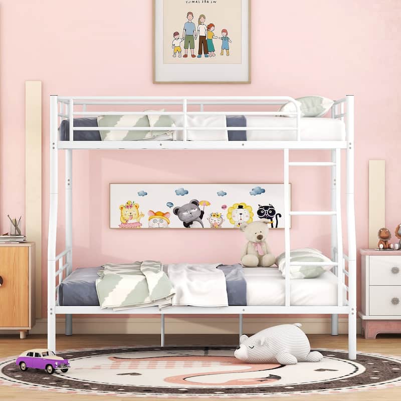 Full XL Over Queen Metal Bunk Bed with Sturdy Iron Frame, White