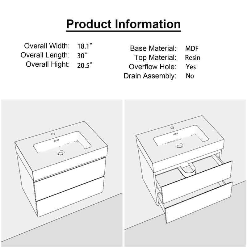 24"/30"/36" Wall-Mounted Bathroom Vanity Set with Black Integrated Quartz Sand Sink