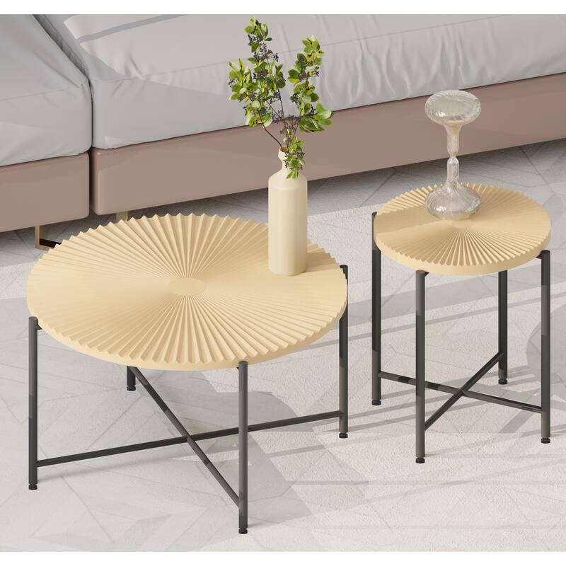 2-Piece Coffee and End Table Set - Waterproof MDF with PVC Cover, Distressed Cylindrical Design