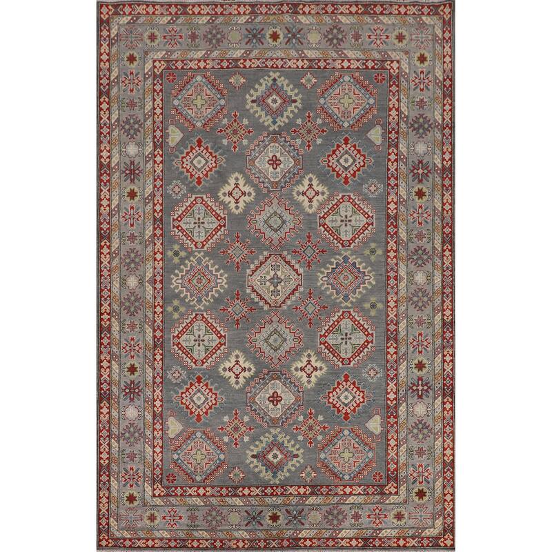 Oriental Geometric Kazak Area Rug Hand-Knotted Wool Carpet - 6'10" x 9'11"