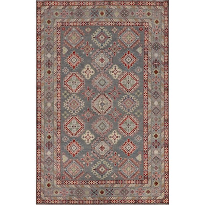 Oriental Geometric Kazak Area Rug Hand-Knotted Wool Carpet - 6'10" x 9'11"