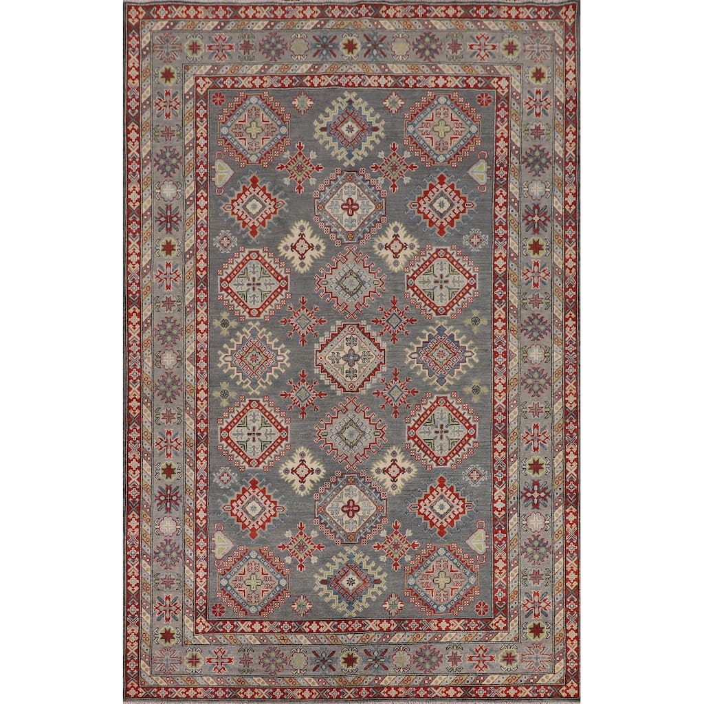 Oriental Geometric Kazak Area Rug Hand-Knotted Wool Carpet - 6'10" x 9'11"