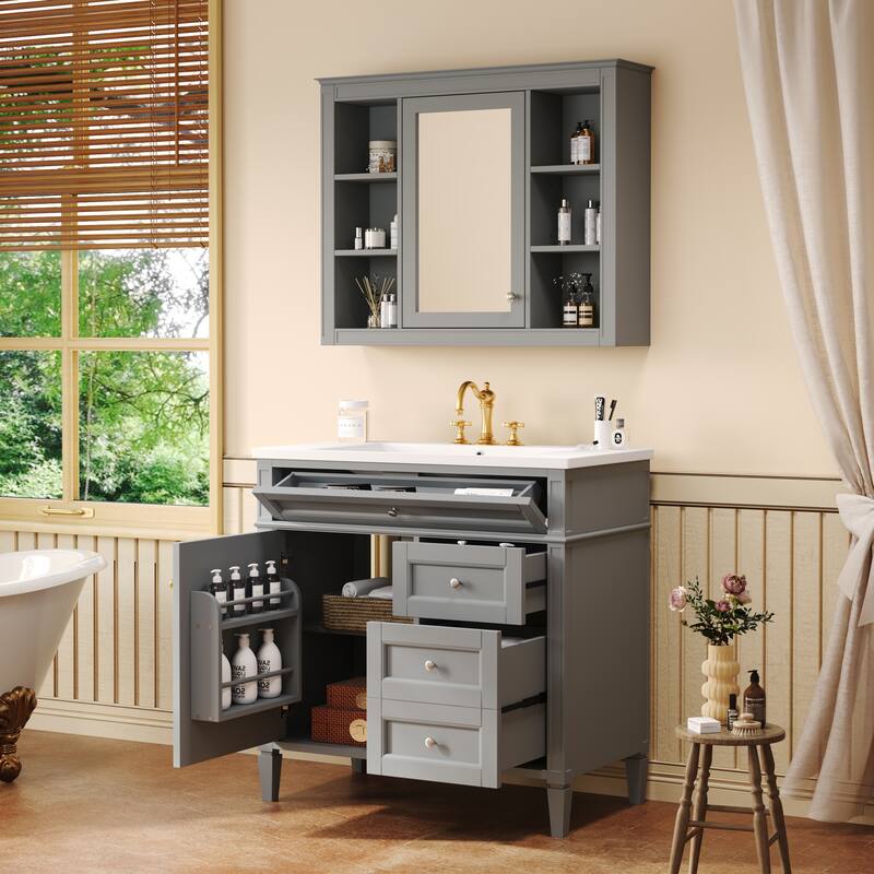 Freestanding Bathroom Vanity & Wall Mounted Mirror Cabinet Set with Resin Sink, Open Shelves, Drawers and Adjustable Shelves