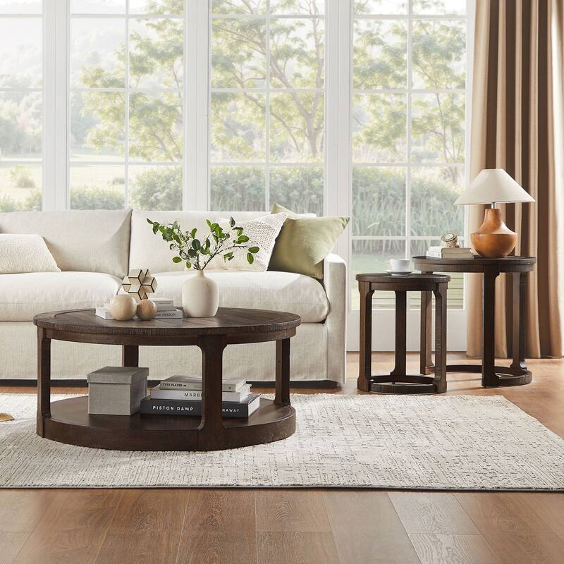 24 inch 2PCS Curved Traditional Round Circle Wooden Coffee Table Set, Mid Century Rustic Style Side Table, End Table