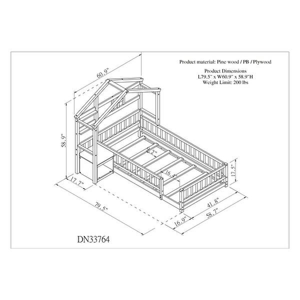 Twin Size House-Style Headboard Floor Bed with Fence Guardrails and Cushion Stand - Stylish and Safe