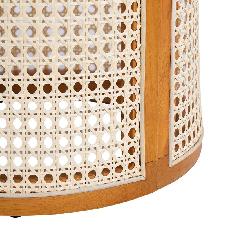 Roomfitters 15.7" Round End Table, Modern Hollow Woven Side Table with Solid Rubber Wood Tabletop and Rattan Accents