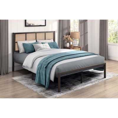 Queen/Full/King/Twin Platform Bed with Faux Cane Headboard, Metal Frame, and Coastal Design.