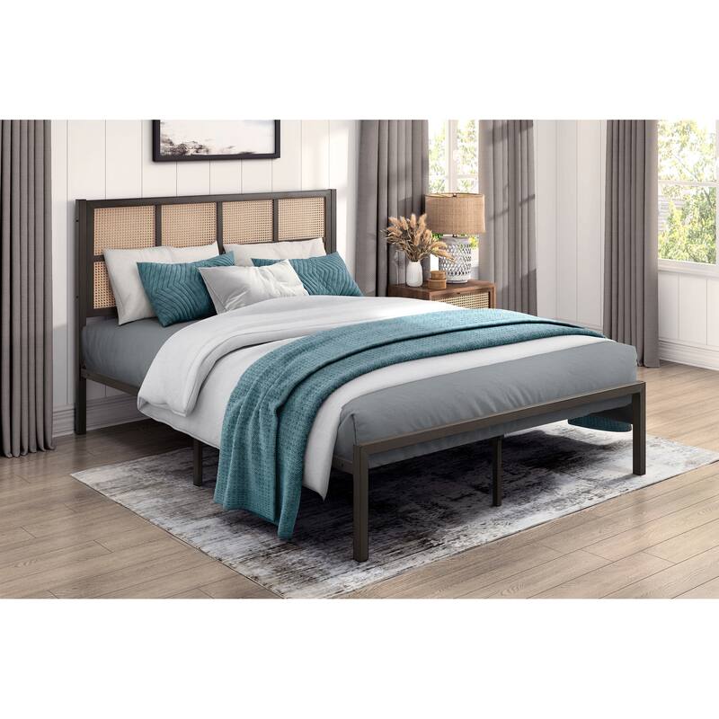Queen Platform Bed with Faux Cane Headboard, Dark Bronze Metal Frame, No Box Spring Needed - Bronze