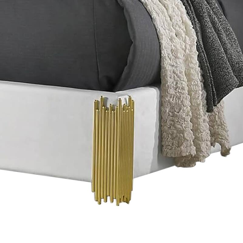 Dyl Queen Bed, Soft Foam Upholstered, White Fabric, Gold Accent Posts