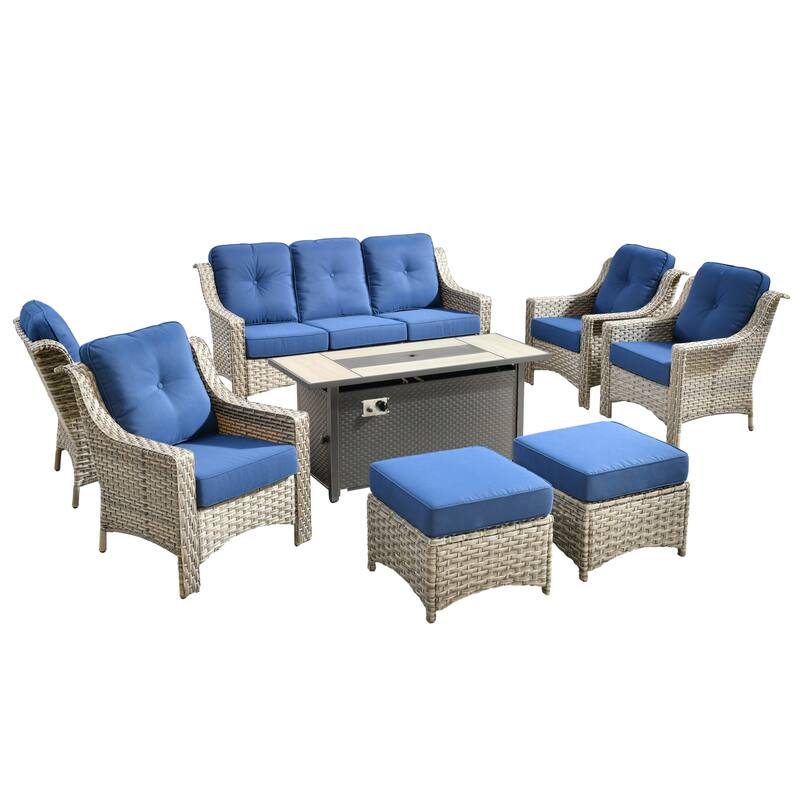HOOOWOOO 8-piece Wicker Patio Ergonomic Conversation Set with 54" Fire Pit