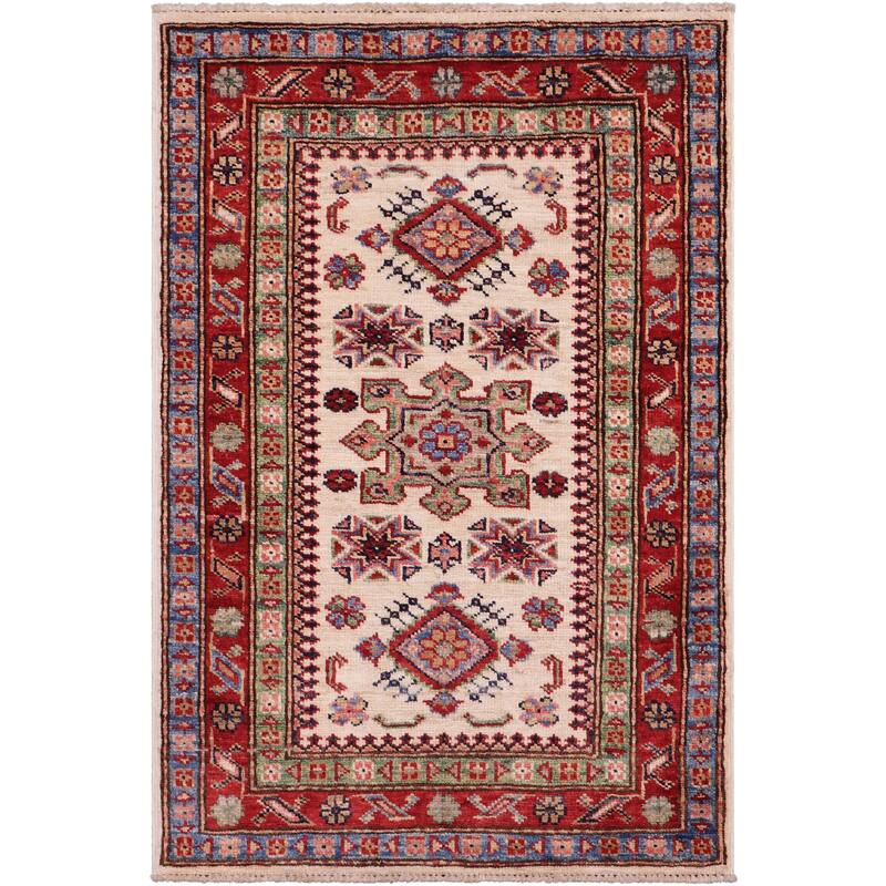 Rustic Super Kazak Solomon Beige/Red Hand Knotted Wool Rug - 2'0'' x 2'11''