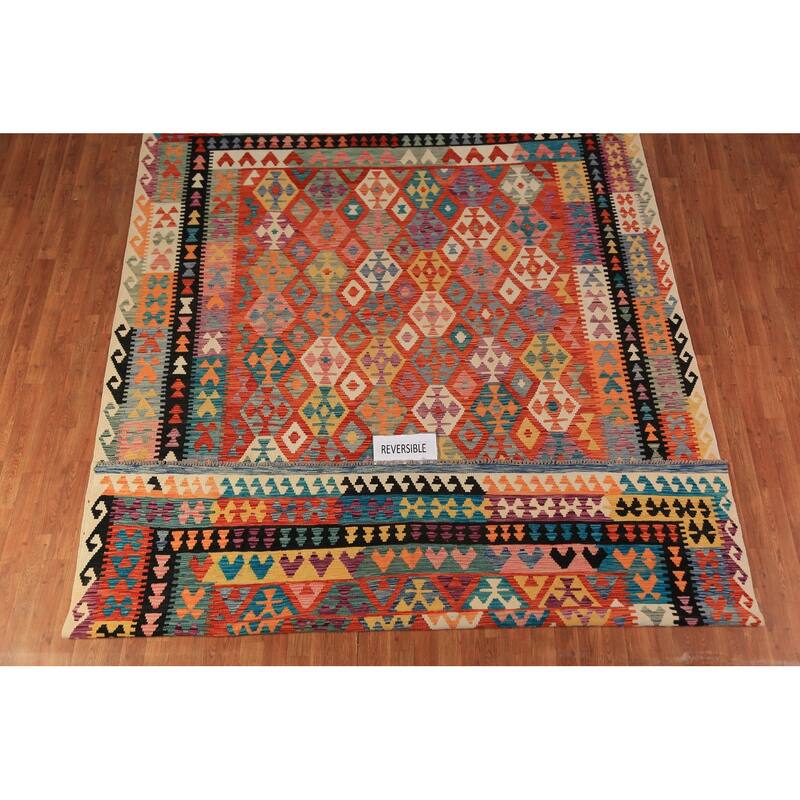 Geometric Kilim Reversible Area Rug Wool Carpet - 8'2"x 11'1"