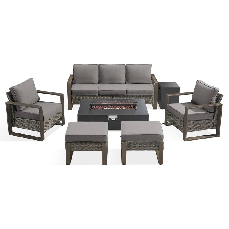 Meyreso Wicker Patio Conversation Set with Metal Fire Pit Table & 4.5-Inch Olefin Cushions