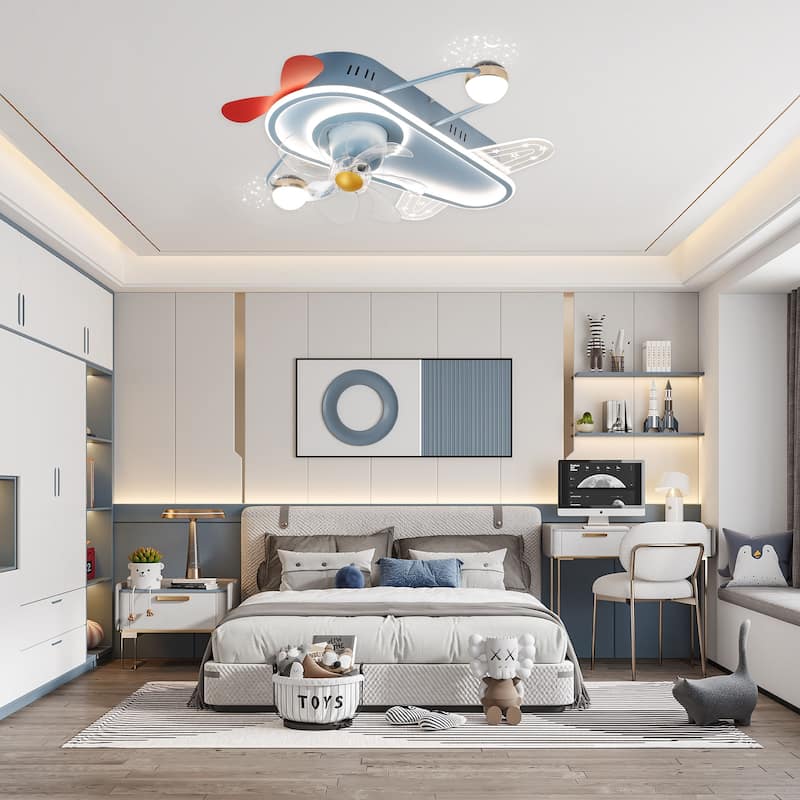 26In Cartoon Aircraft Flush Mount Ceiling Fan, 6-Speed Dimmable Light with Remote and APP Control for Kids Room