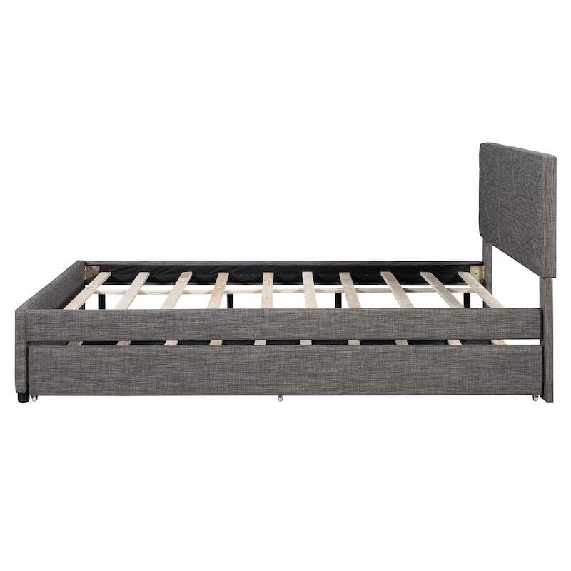 Roomfitters Queen Size Upholstered Platform Bed Frame with Twin XL Trundle and Geometric Patterned Headboard