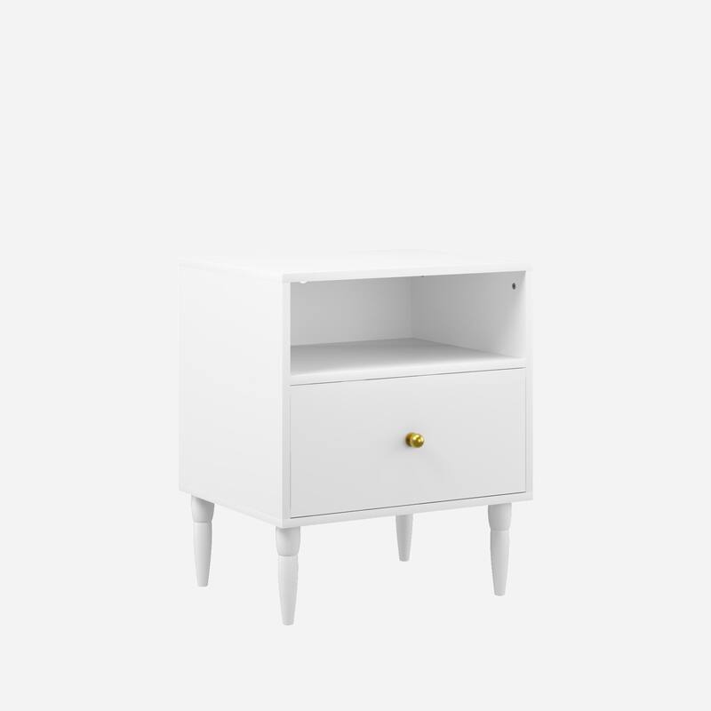 Anmytek White Nightstand with Drawer, Open Shelf, Gold Knob, Solid Wood Legs, Modern Bedside Table